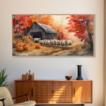 Load image into Gallery viewer, Framed Canvas Print Autumn Farm with Sheep and Pumpkins, Perfect Fall Decor, Rustic Country Home Wall Art, Seasonal Autumn Canvas Print
