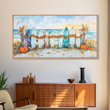 Load image into Gallery viewer, Framed Canvas Print Beach Scene with Surfboards and Pumpkins, Fall Beach Decor, Autumn Coastal Wall Art, Perfect Fall Beach Theme
