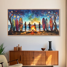 Carregar imagem no visualizador da galeria, Canvas Print Beach Bonfire with Surfboards Under Stars, Coastal Christmas Art, Tropical Holiday Wall Art, Beach Christmas Decor
