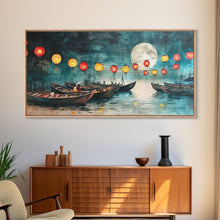 Load image into Gallery viewer, Framed Canvas Print Full Moon Lanterns on Boats, Dreamy Night Scene, Watercolor Christmas Art, Unique Holiday Decor, Coastal Christmas

