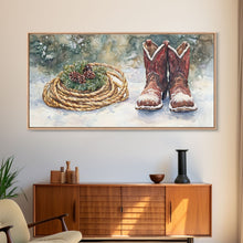 Carregar imagem no visualizador da galeria, Canvas Print Cowboy Boots with Christmas Wreath and Rope, Rustic Christmas Decor, Winter Western Holiday Art, Farmhouse Wall Print
