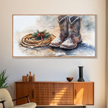 Load image into Gallery viewer, Framed Canvas Print Cowboy Boots and Rope with Pinecones, Rustic Winter Decor, Western Christmas Art, Perfect Holiday Wall Print
