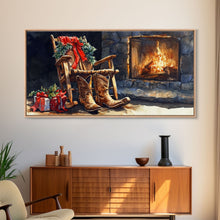 Carregar imagem no visualizador da galeria, Canvas Print Rocking Chair and Cowboy Boots by Fireplace, Cozy Christmas Decor, Western Holiday Wall Art, Rustic Christmas Scene
