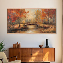 Carregar imagem no visualizador da galeria, Autumn Bridge Over Quiet River Tall Art Framed Canvas Print Serene Fall Landscape With Colorful Foliage And Peaceful Reflections
