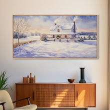 Cargar imagen en el visor de la galería, Farmhouse Christmas decor Framed Canvas Print snowy white farmhouse with wreath winter wonderland holiday decor best gift Christmas wall art
