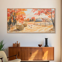 Carregar imagem no visualizador da galeria, Autumn farmhouse decor Canvas Print fall landscape with barn and chickens harvest season gift idea rustic fall wall art holiday home decor
