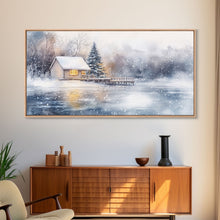 Load image into Gallery viewer, Christmas winter cabin Framed Canvas Print snowy lakeside cabin Christmas tree cozy holiday decor winter wonderland art Christmas wall decor
