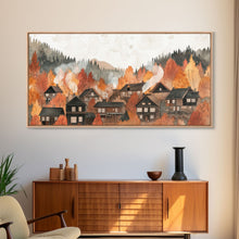 Carregar imagem no visualizador da galeria, Autumn village decor Framed Canvas Print rustic village with fall trees cozy seasonal wall art gift idea moody landscape autumn home decor
