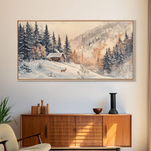 Load image into Gallery viewer, Christmas winter cabin Canvas Print snowy mountain cabin deer cozy holiday wall art winter wonderland seasonal decor Christmas gift idea
