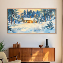 Load image into Gallery viewer, Winter cabin decor Framed Canvas Print snowy cabin and trees winter wonderland cozy holiday wall art gift idea Christmas home decor
