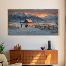 Load image into Gallery viewer, Dawn on the Frontier - Christmas scene art, winter wonderland, rustic Christmas art, Christmas farmhouse decor, snowy mountain art

