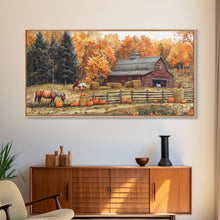 Carregar imagem no visualizador da galeria, Autumn Barn Pumpkin Horses Canvas Print Farmhouse Fall Decor Seasonal Wall Art Framed Canvas Print Rustic Fall Farmhouse Wall Art
