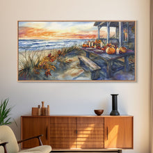 Load image into Gallery viewer, Beach Thanksgiving Table Pumpkins Canvas Print Fall Beach Decor Autumn Coastal Wall Art Framed Canvas Print Seasonal Wall Art

