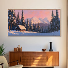 Load image into Gallery viewer, Snowy Mountain Cabin Tall Art Framed Canvas Print Cozy Winter Cabin Nestled In Snowy Forest With Majestic Mountain Landscape
