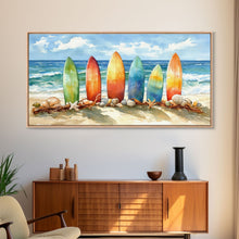 Load image into Gallery viewer, Colorful surfboards Christmas wall art, beach holiday decor, coastal Christmas art, framed canvas print, tropical Christmas art gift
