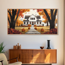 Carregar imagem no visualizador da galeria, Fall farmhouse pumpkin decor, autumn country home art, rustic fall wall print seasonal wall decor, framed canvas print, autumn farmhouse art
