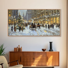 Carregar imagem no visualizador da galeria, Bustling Christmas Street Scene Tall Art Framed Canvas Print Vintage Winter Holiday Scene With Horse-Drawn Carriages And Festive Lights
