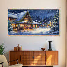 Load image into Gallery viewer, Cozy Snowy Christmas Cabin Scene Canvas Print | Winter Wonderland Christmas Wall Art | Rustic Christmas Decor | 2024 Holiday Art Gift
