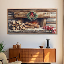 Load image into Gallery viewer, Cozy Cabin Fireplace Christmas Canvas Print | Rustic Christmas Wall Art | Holiday Home Decor | Christmas Mantle Decor | 2024 Christmas Gift
