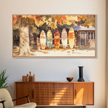 Carregar imagem no visualizador da galeria, Autumn surfboards art, canvas print featuring surfboards with fall leaves, cozy fall home decor, rustic wall art, autumn vacation gift idea
