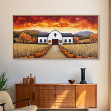 Carregar imagem no visualizador da galeria, Autumn pumpkin farm with barn, canvas print, fall farmhouse decor, rustic autumn home decor, cozy fall harvest wall art for seasonal display
