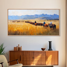 Load image into Gallery viewer, Cowboys Framed Canvas Print Western Country Horse Ride Scenic Art Large Landscape Wall Decor Ideal Holiday and Ranch Home Gift
