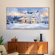 Load image into Gallery viewer, Cozy Winter House with Snowy Landscape, Christmas Decor, Framed Canvas Print, Farmhouse Christmas Decor, Seasonal Wall Art, Gift Idea
