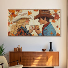 Load image into Gallery viewer, Cowgirl &amp; Cowboy Enjoy Some Hot Chocolate, Art For Couples, Framed Canvas Print, Rustic Farmhouse Home Decor, Wall Art Rustic Decor

