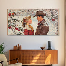 Load image into Gallery viewer, Cowboy and Cowgirl meet under the mistletoe, framed canvas print, cute winter wall art, Christmas home decor, seasonal rustic decor
