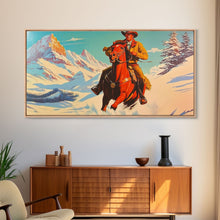 Load image into Gallery viewer, Cowboy in red jacket riding through snow-covered forest, Framed Canvas Print, vibrant winter wall art, rustic western decor
