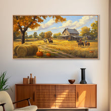 Carregar imagem no visualizador da galeria, Autumn Ranch Framed Canvas Print Pumpkin Patch Rustic Art Country Home Decor Large Fall Wall Art Farmhouse Style Thanksgiving Decor
