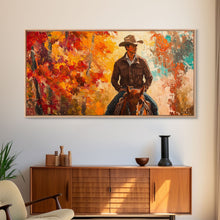 Load image into Gallery viewer, Cowboy Riding Through The Autumn Trees, Framed Canvas Print, Rustic Farmhouse Wall Art, Boho Style Seasonal Watercolor Painting
