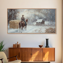 Carregar imagem no visualizador da galeria, Autumn-themed Framed Canvas Print of a cowgirl in a pumpkin patch surrounded by vibrant fall leaves, seasonal decor and cozy fall accents
