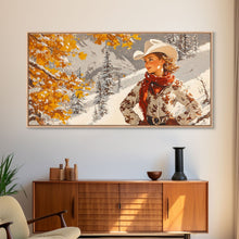 Cargar imagen en el visor de la galería, Charming Framed Canvas Print of a Cowgirl in Autumn Leaves, Perfect Fall Wall Decor and Gift Idea for Fans of Western Art Rustic Home Decor
