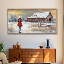 Load image into Gallery viewer, Barn Painting Framed Canvas Print, Cowgirl and her Barn, Rustic Farmhouse Decor, Winter Painting, Winter Wonderland, Farmhouse Wall Art
