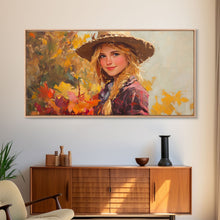Load image into Gallery viewer, Cowgirl Amongst The Fall Leaves, Framed Canvas Print, Serene Fall Wall Decor, Perfect Rustic Seasonal Wall Art and Gift Idea
