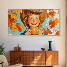 Load image into Gallery viewer, Cowgirl Having A Cup Of Joe, Framed Canvas Print, Farmhouse / Western Rustic Charm, Seasonal Art Piece to Warm Up Your Home Decor This Fall
