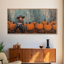 Load image into Gallery viewer, Cute Cowgirl In A Pumpkin Patch, Framed Canvas Print, Fall / Thanksgiving Decor, minimalist seasonal art for autumn or Christmas decor
