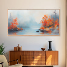 Carregar imagem no visualizador da galeria, Fall On The Lake, Framed Canvas Print, Beautiful Seasonal Decor, Moody Landscape Painting
