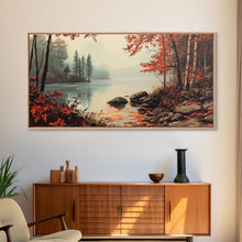 Carregar imagem no visualizador da galeria, Fall On The River, Rustic Landscape Painting, Primitive Wall Art, Framed Canvas Print, retro festive holiday wall art Christmas decor
