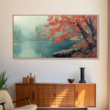 Load image into Gallery viewer, Fall On The Lake, Watercolor Landscape Painting Framed Canvas Print, retro holiday decor wall art with nostalgic vibe
