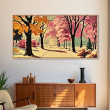 Carregar imagem no visualizador da galeria, Autumn Park Path Framed Canvas Print, Warm Fall Trees and Pathway Wall Art, Seasonal Fall Home Decor, Farmhouse Gift Idea, Holiday Wall Art
