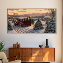 Cargar imagen en el visor de la galería, Christmas Tree Farm Framed Canvas Print, Red Truck Winter Scene, Farmhouse Christmas Decor, Christmas Vacation Decor, Holiday Art Gift
