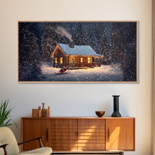 Load image into Gallery viewer, Cozy Cabin in Snow Framed Canvas Print, Winter Wonderland Scene Art, Rustic Christmas Decor, Holiday Wall Art, Seasonal Gift Idea
