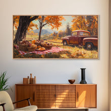 Carregar imagem no visualizador da galeria, Fall Picnic Afternoon Framed Canvas Print, Rustic Farmhouse Decor, Autumn Country Landscape Art, Modern Farmhouse Wall Art, Seasonal Gift
