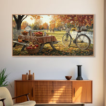 Load image into Gallery viewer, Autumn picnic with apples and plaid tablecloth, fall farmhouse decor, canvas print, country autumn art, autumn wall decor
