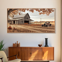 Cargar imagen en el visor de la galería, Farmhouse Autumn Decor Framed Canvas Print with Rustic Truck and Barn, Fall Country Art Wall Decor, Pumpkin Harvest Gift Idea Seasonal Decor
