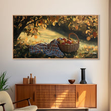 Load image into Gallery viewer, Basket of Apples Framed Canvas Print, Cozy Fall Farmhouse Wall Art, Country Autumn Decor, Best Gift for Her, Seasonal Harvest Scene Art
