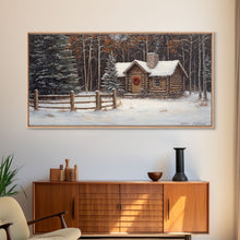 Load image into Gallery viewer, Snowy Log Cabin Christmas Framed Canvas Print, Rustic Winter Wonderland Art, Cozy Holiday Decor, Best Gift Christmas Wall Art
