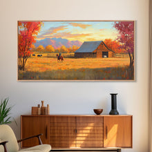 Carregar imagem no visualizador da galeria, Autumn Cowboy Farm Framed Canvas Print, Cozy Fall Farmhouse Wall Art, Country Western Landscape Decor, Best Gift Seasonal Wall Art
